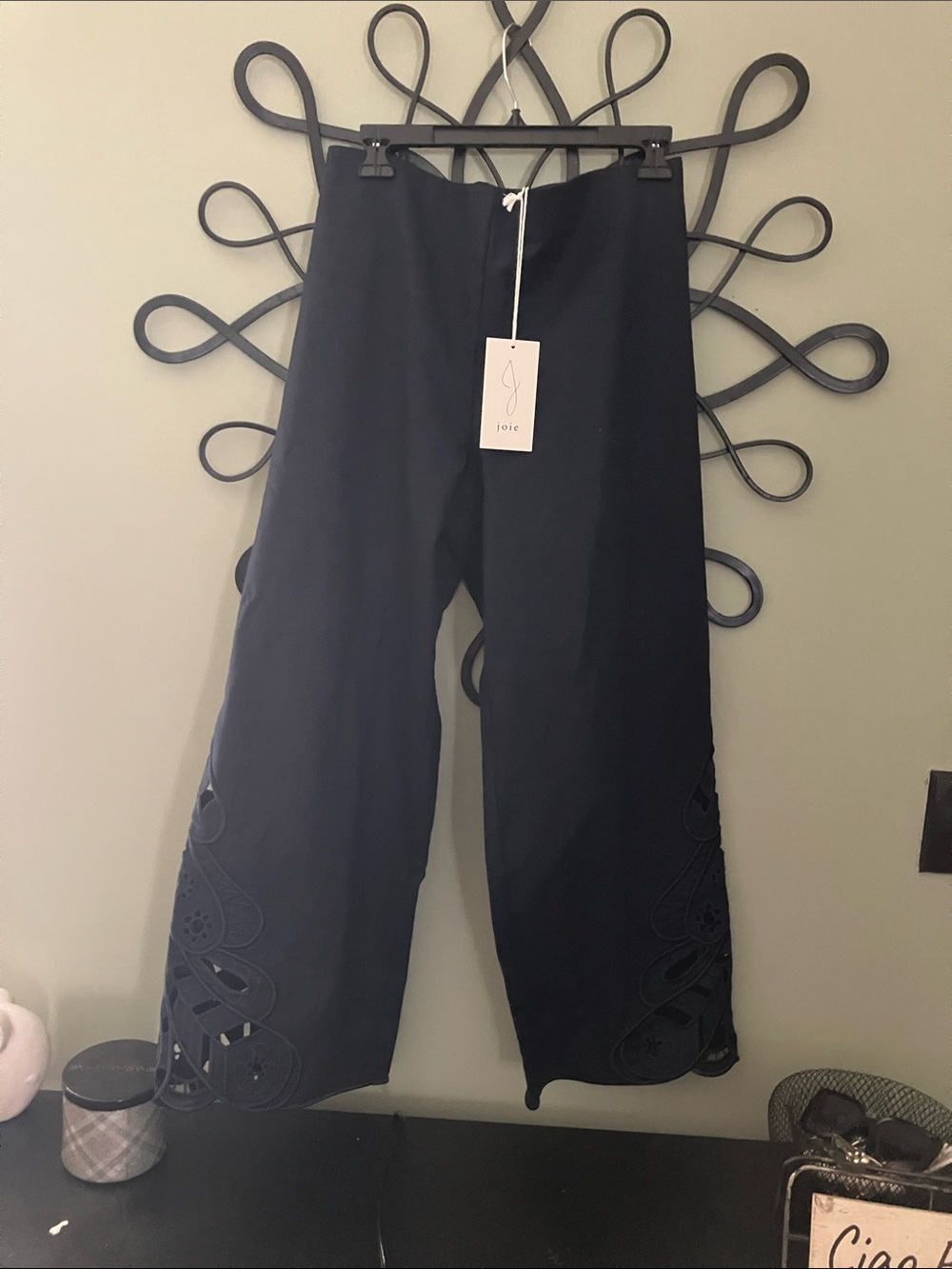 Joie Navy blue Wide-Leg Pants with Cutout Embroidered Hem Detail